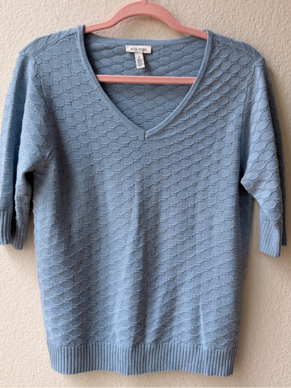 Ella Moss Blue Textured Knit V-Neck Sweater Small Soft Cozy Minimalist